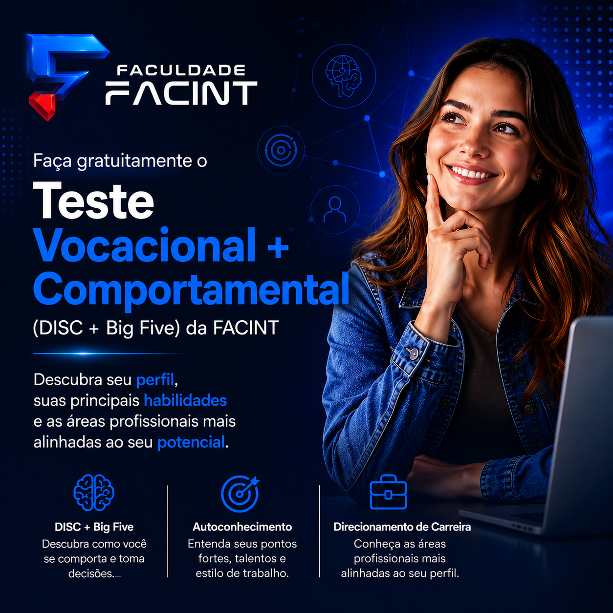 Card institucional FACINT apresentando o Teste Vocacional + Comportamental (DISC + Big Five), com destaques para DISC + Big Five, Autoconhecimento e Direcionamento de Carreira